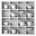 Diverse Tableware Collection on Wooden Shelf Featuring Ceramic and Metal Mugs with Various Designs