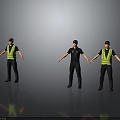 Three Standing Uniformed Figurines With Black Uniforms And Yellow Reflective Vests On Gray Surface 3d model