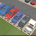 Parking Lot With Various Colored Cars In Marked Spaces Yellow Lines And Green Grass