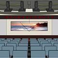 Conference Room With Red Leader Welcome Banner Large Screen Seascape View Neatly Arranged Blue Seats