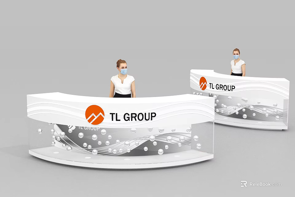 Curved TL GROUP Reception Desk With White Gray Circular Patterns And Staff With Face Masks 3d model 