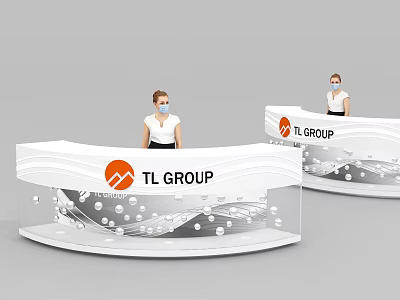 Curved TL GROUP Reception Desk With White Gray Circular Patterns And Staff With Face Masks 3d model