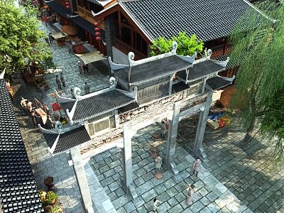 Scenic Traditional Chinese Commercial Street Featuring Ancient Gateway Tiled Roofs Shops Green Plants And Pedestrians 3d model