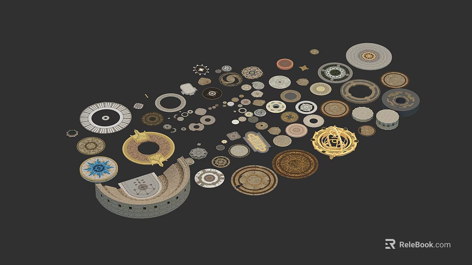 Assorted Decorative Circular Disc Components With Golden Brown Gray Textures And Ornamental Patterns 3d model