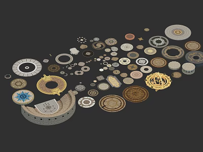 Assorted Decorative Circular Disc Components With Golden Brown Gray Textures And Ornamental Patterns 3d model