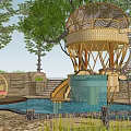 Wooden House Featuring Bamboo Round Dome Roof and Stone Steps Near Swimming Pool