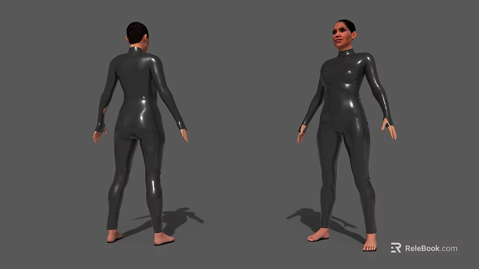Shiny Black Tight Fitting Bodysuit Front and Back Views on Figure 3d model