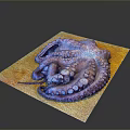 Vibrant Purple and Orange Octopus with Suction Cups on Yellow Wooden Board