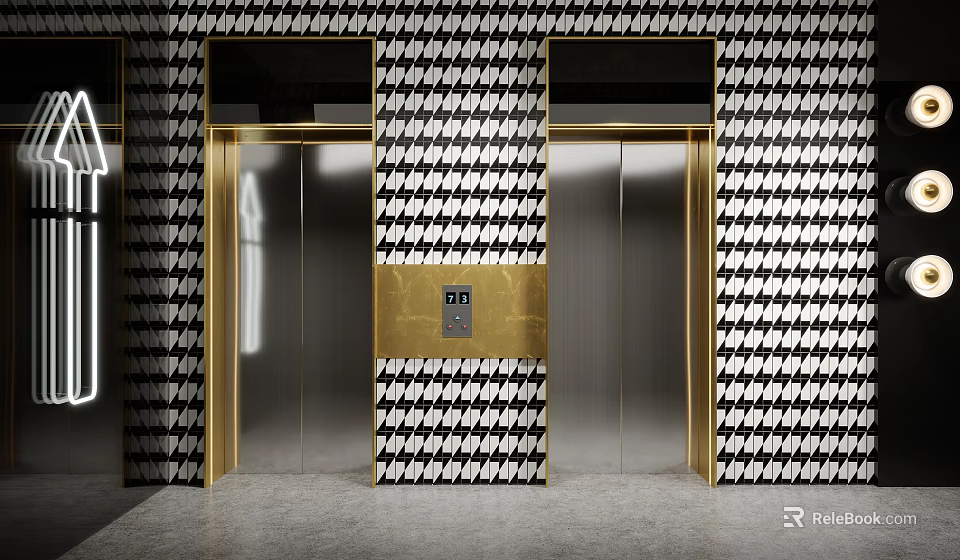 Elevator Lobby With Golden Framed Elevators And Black White Houndstooth Tile Walls Gray Floor 3d model 