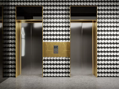 Elevator Lobby With Golden Framed Elevators And Black White Houndstooth Tile Walls Gray Floor 3d model