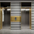 Elevator Lobby With Golden Framed Elevators And Black White Houndstooth Tile Walls Gray Floor 3d model