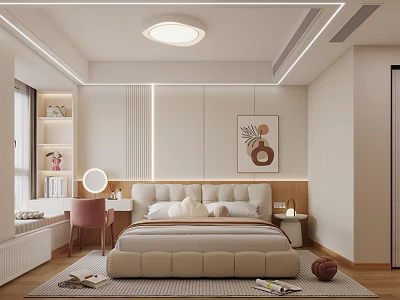 Modern Bedroom Interior Design With Beige Upholstered Bed Pink Chair Decorative Painting And Wooden Floor 3d model