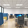 Modern Public Office Space With Multiple Computers Desks Chairs Windows And Ceiling Lights 3d model