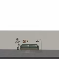 Green Leather Large Sofa With Potted Plant Wall Artworks And Floor Lamp