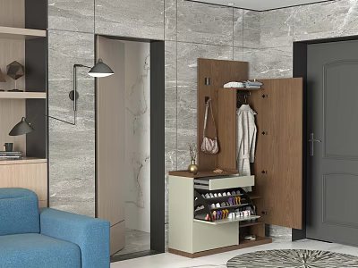 Modern Wooden Shoe Cabinet With Coat Hanging Storage And Shoe Organizer In Living Room Entry 3d model