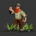 3D Game Character With Red Beard Straw Hat Glasses Holding Red Object Tool In Green Grass