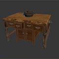Vintage Wooden Table With Drawers Cabinet Doors And Mortar Pestle On Top