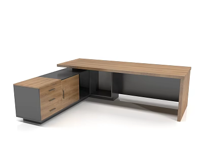 Modern Office Desk With Wooden Tabletop Black Metal Frame And Storage Drawers 3d model