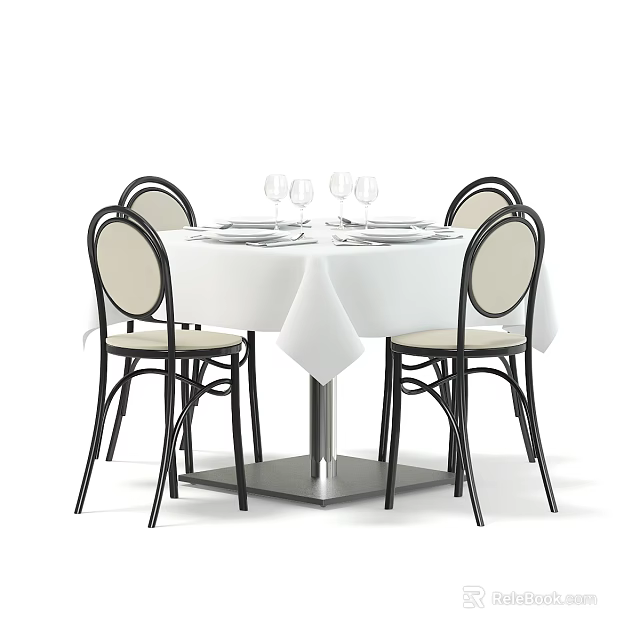 Round Dining Table Set With White Tablecloth Tableware Wine Glasses Four Black Frame Beige Seats 3d model