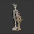 Various Trophy Collection Display With Silver And Gold Metal Designs And Spiral Wooden Bases