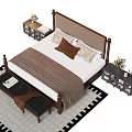 Double Bed With Brown Headboard Bed Posts Pillows Blanket Nightstands Table Lamp And Bench 3d model