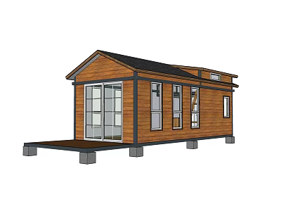 Modern Wooden Guesthouse Exterior With Large Glass Door Windows And Deck Platform 3d model