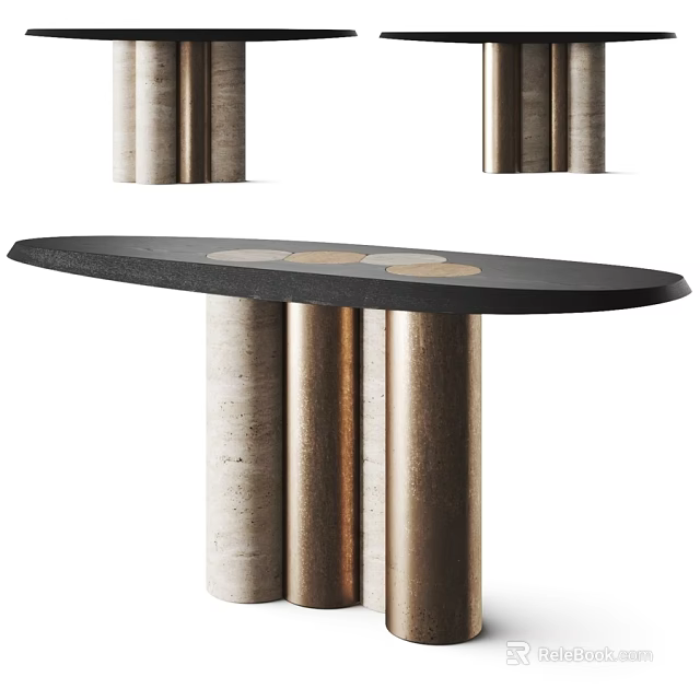 Modern Dining Table Design With Black Tabletop And Cylindrical Metal Stone Legs 3d model
