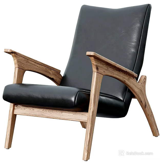 Modern Leisure Chair with Black Leather Upholstery and Natural Wooden Frame Armrests 3d model 
