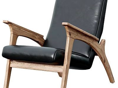 Modern Leisure Chair with Black Leather Upholstery and Natural Wooden Frame Armrests 3d model