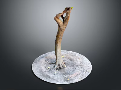 Wooden Stone Artistic Sculpture with Twisted Trunk on Round Stone Base Featuring Small Yellow Decoration 3d model