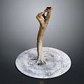 Wooden Stone Artistic Sculpture with Twisted Trunk on Round Stone Base Featuring Small Yellow Decoration
