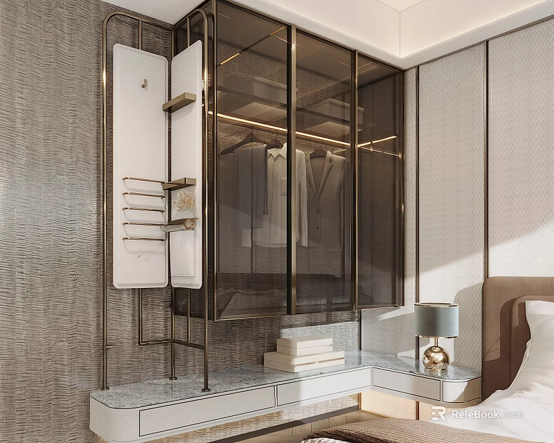 Elegant Modern Wardrobe With Glass Doors Metal Frame And Nightstand In Bedroom 3d model 