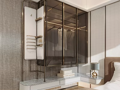 Elegant Modern Wardrobe With Glass Doors Metal Frame And Nightstand In Bedroom 3d model