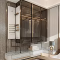 Elegant Modern Wardrobe With Glass Doors Metal Frame And Nightstand In Bedroom