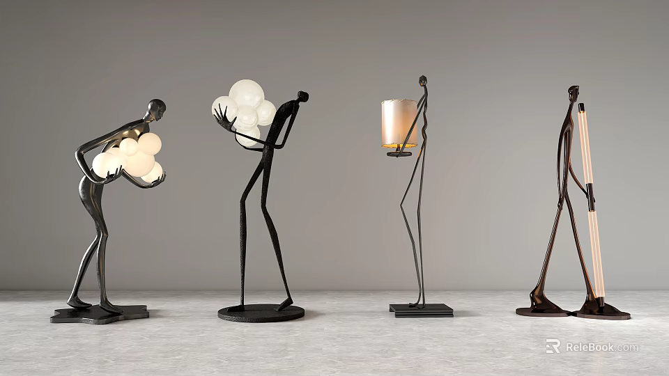 Modern Human Shaped Floor Lamps Featuring White Spheres And Candle Holders 3d model 