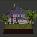 Whimsical Miniature Cartoon Scene With Purple Roof House Green Trees Steps Blue Car And Garage