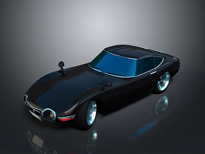 Black Vintage Coupe With Sleek Body Blue Windows And Silver Wheels On Reflective Surface 3d model
