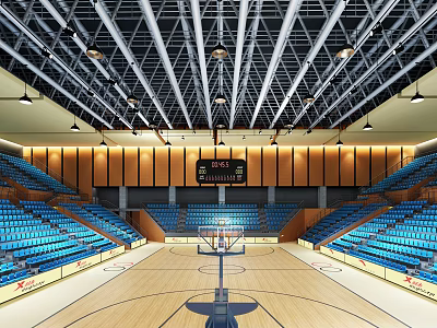 Bright Basketball Gymnasium With Wooden Floor Blue Seats And Metal Roof Structure 3d model