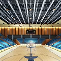 Bright Basketball Gymnasium With Wooden Floor Blue Seats And Metal Roof Structure