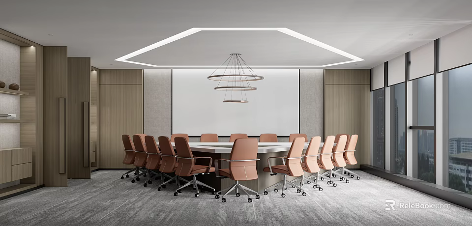 Modern Conference Room Interior Design With Round Meeting Table And Leather Chairs 3d model 