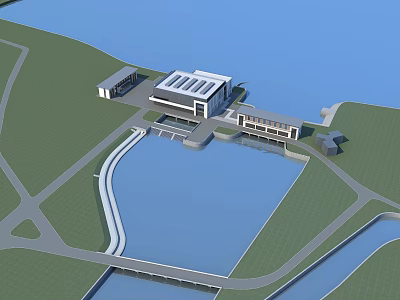 Modern Waterfront Building Complex With Green Space Roads And Bridge 3d model