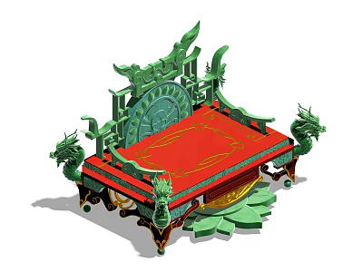 Ornate Armchair With Green Dragon Carvings Red Seat And Golden Lotus Base 3d model