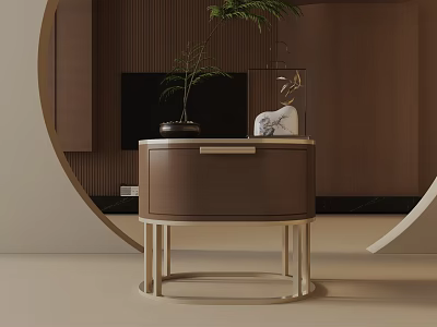 Modern Brown Bedside Table With Smooth Leather Drawer Gold Metal Legs And Decorative Plant 3d model