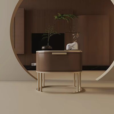 Modern Brown Bedside Table With Smooth Leather Drawer Gold Metal Legs And Decorative Plant 3d model