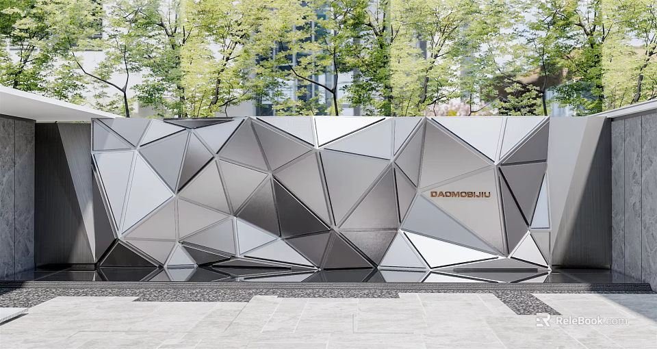 Modern Geometric Feature Wall Design With Angular Metal Panels And Lush Greenery 3d model 