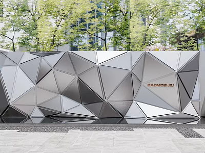 Modern Geometric Feature Wall Design With Angular Metal Panels And Lush Greenery 3d model