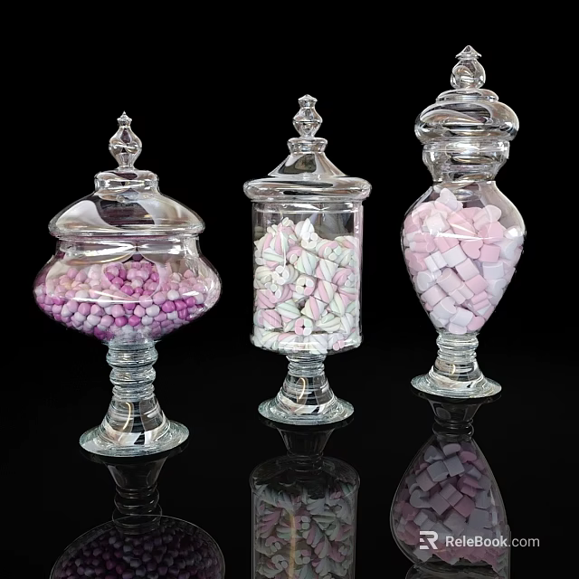 Colorful Candies in Transparent Glass Jars With Decorative Lids and Reflective Bases 3d model 