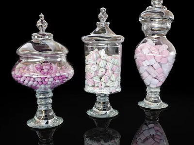 Colorful Candies in Transparent Glass Jars With Decorative Lids and Reflective Bases 3d model