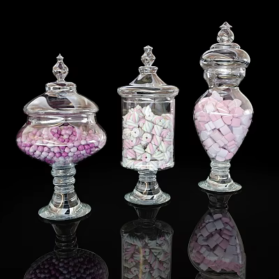 Colorful Candies in Transparent Glass Jars With Decorative Lids and Reflective Bases 3d model