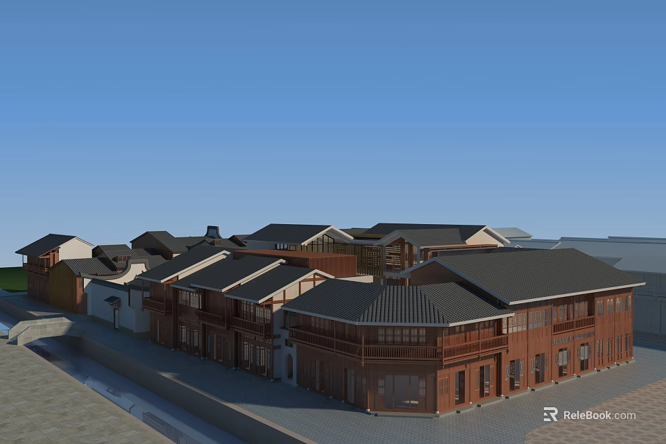 Historic Ancient Architecture Complex With Traditional Tiled Roofs And Wooden Facades 3d model 